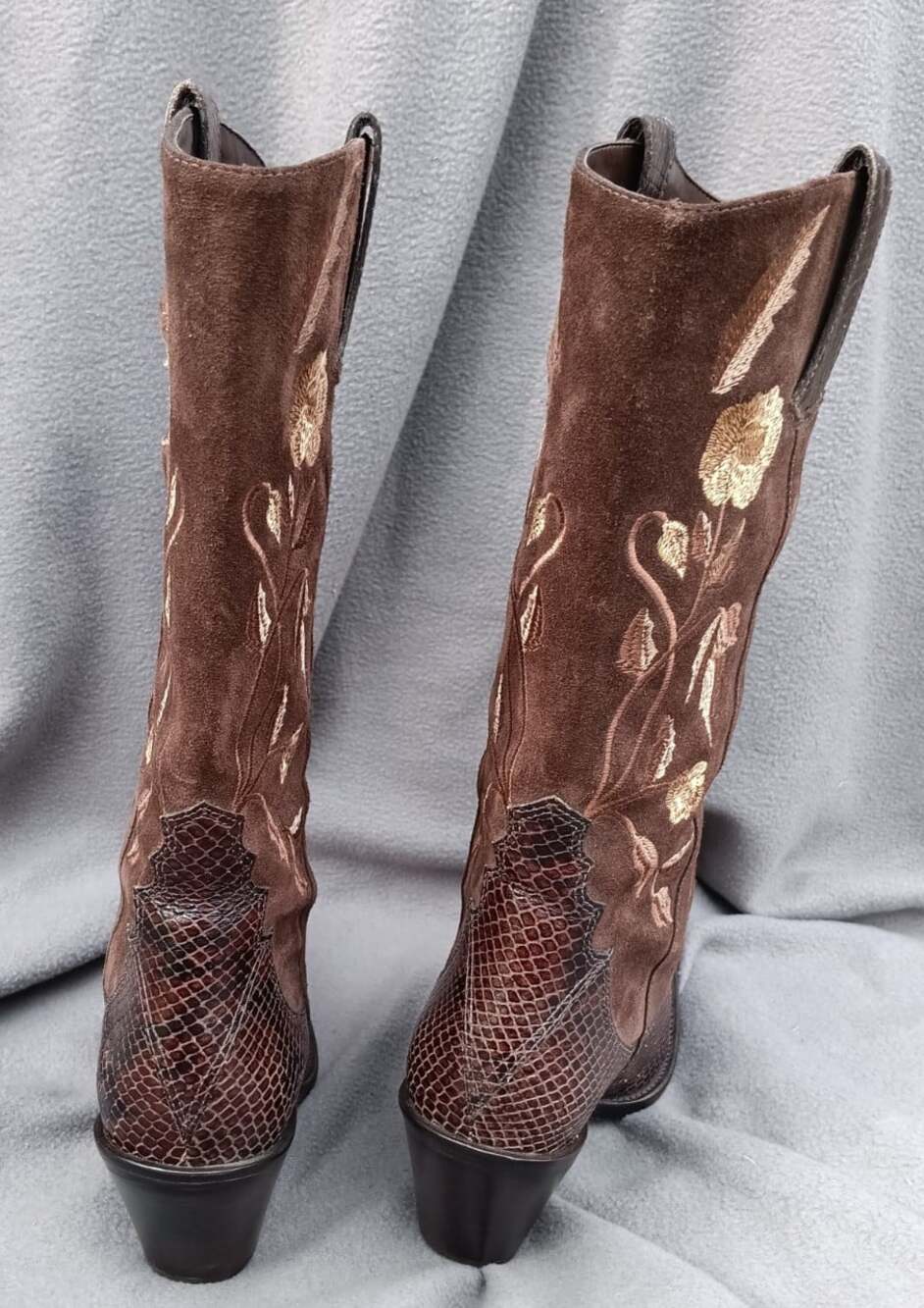 Antonio Melani Justine Leather Brown Boot Floral Embroidery Snake Heel 9M Brazil - Picture 7 of 9
